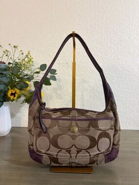 Coach 11290 Signature Jacquard Canvas Shoulder Hobo Purse W/ Purple Leather Trim